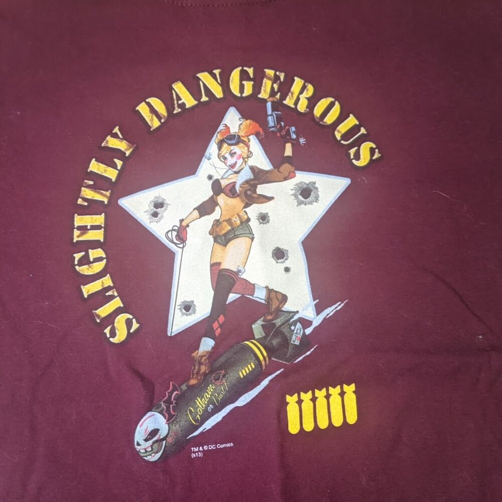 ---  DC Comics Batman Series Harley Quinn Burgundy Wine Red T-Shirt Tee Sz Large